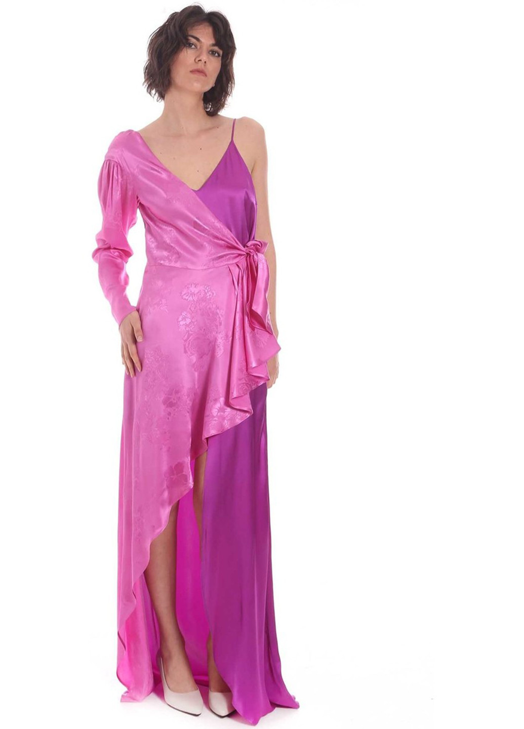 Рожева вечірня сукня на запах, зі шлейфом Pinko з квітковим принтом