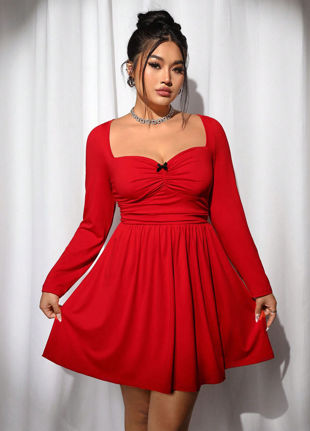 Червона кежуал сукня в стилі армпір, з спідницею-сонце SHEIN однотонна