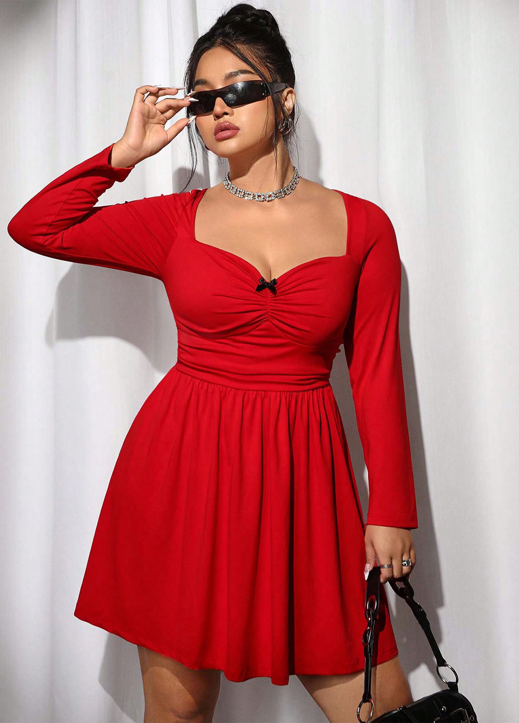 Червона кежуал сукня в стилі армпір, з спідницею-сонце SHEIN однотонна