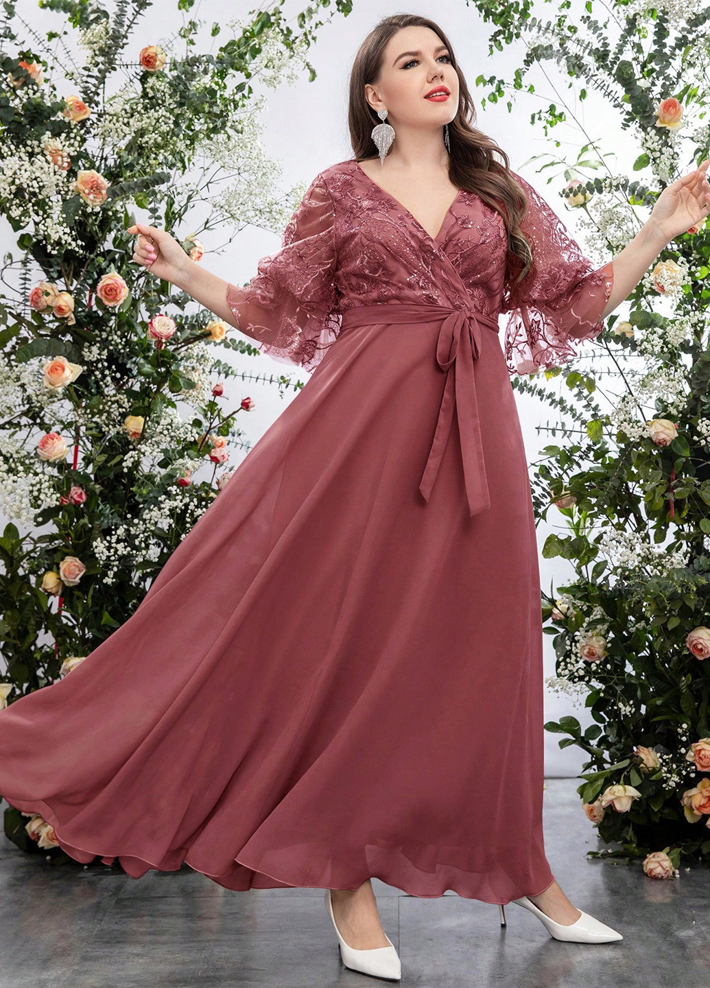 Терракотовое вечернее платье в стиле ампир SHEIN однотонное