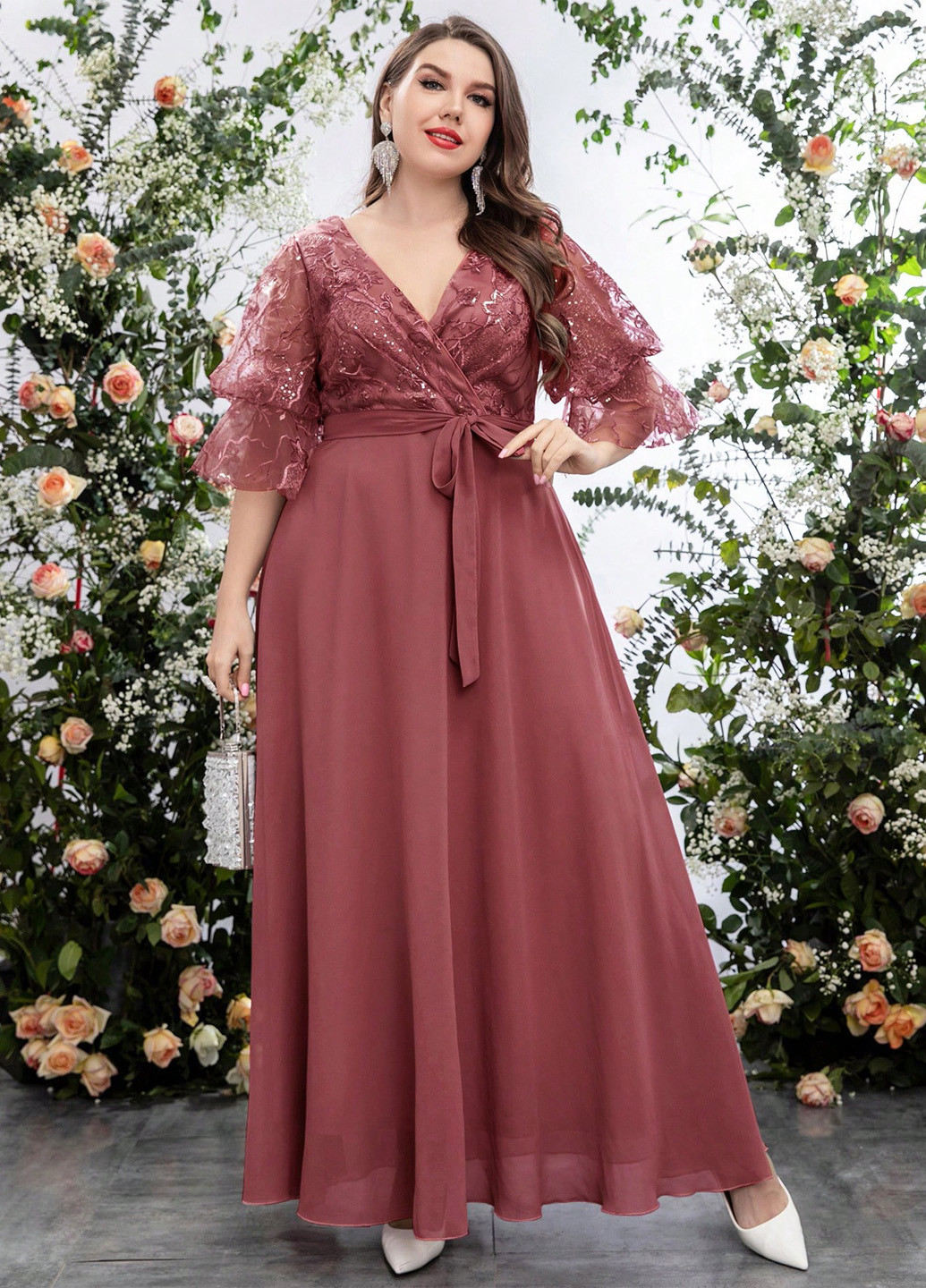 Терракотовое вечернее платье в стиле ампир SHEIN однотонное