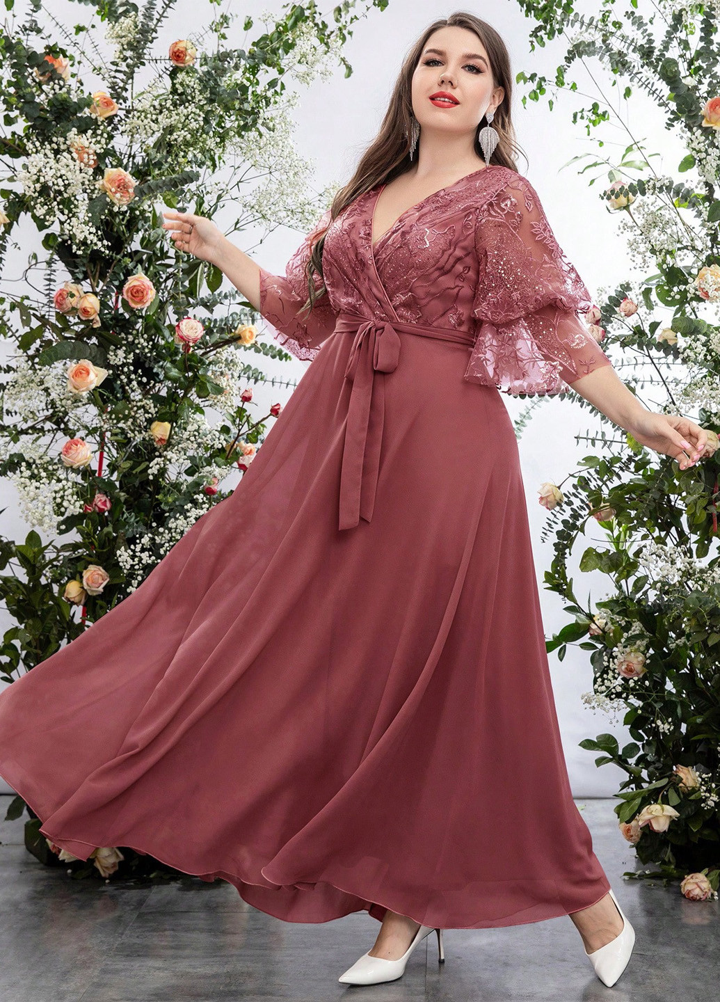 Терракотовое вечернее платье в стиле ампир SHEIN однотонное