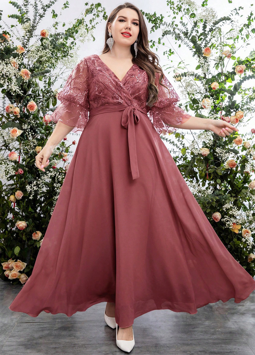 Терракотовое вечернее платье в стиле ампир SHEIN однотонное