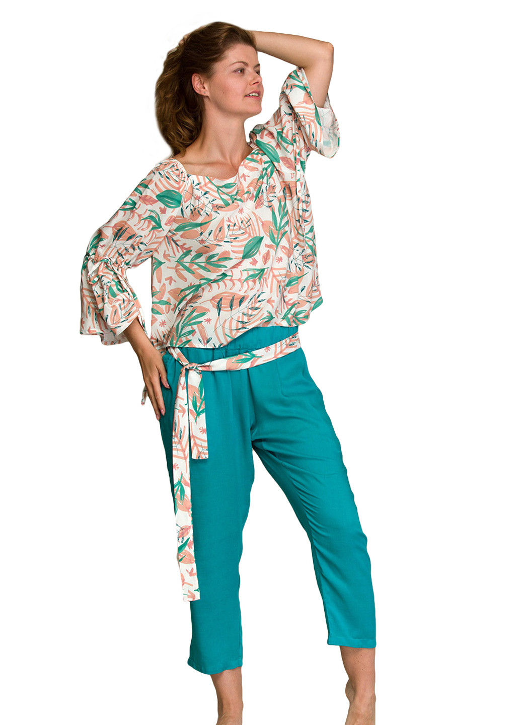 Бирюзовый демисезонный комплект (блуза, брюки) Key