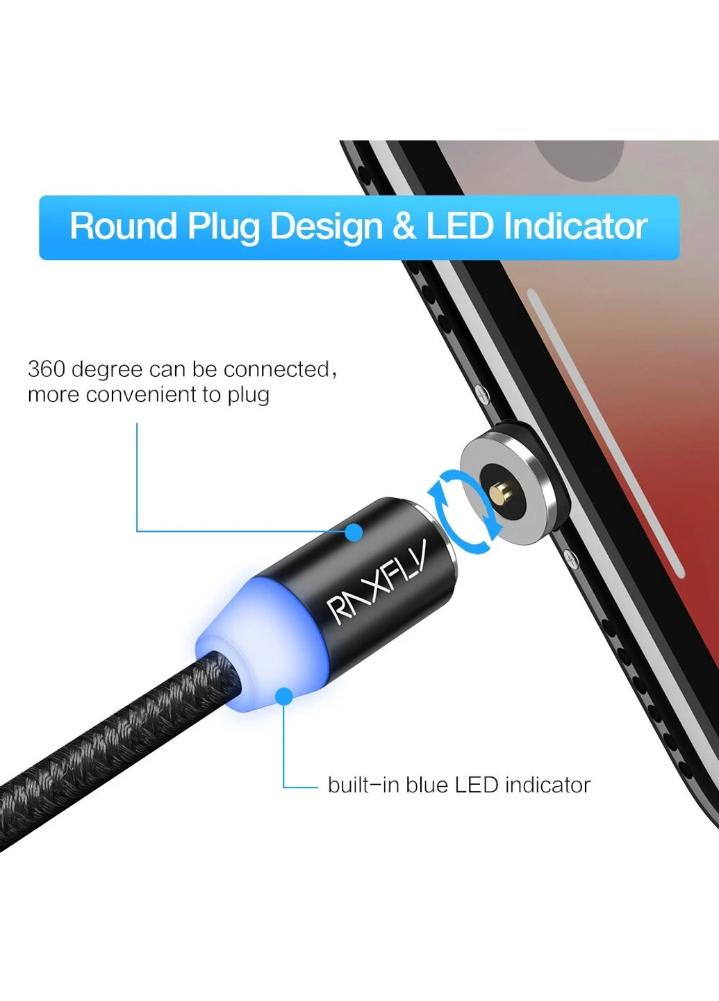 Магнітний кабель для зарядки LED Magnetic RAX118554 RAXFLY (254567301)