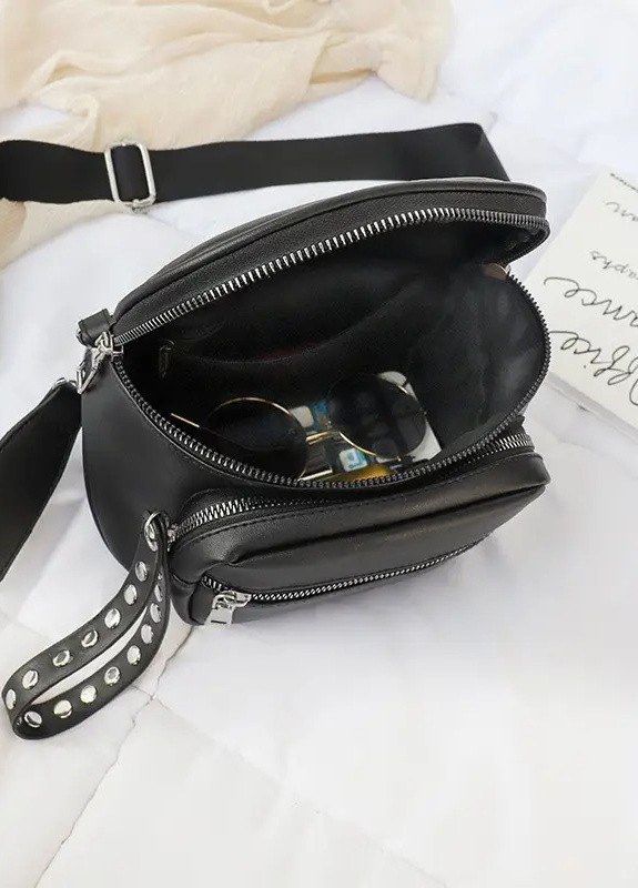 Женская классическая круглая сумка кросс-боди на широком ремне через плечо на три отдела черная No Brand (252971286)