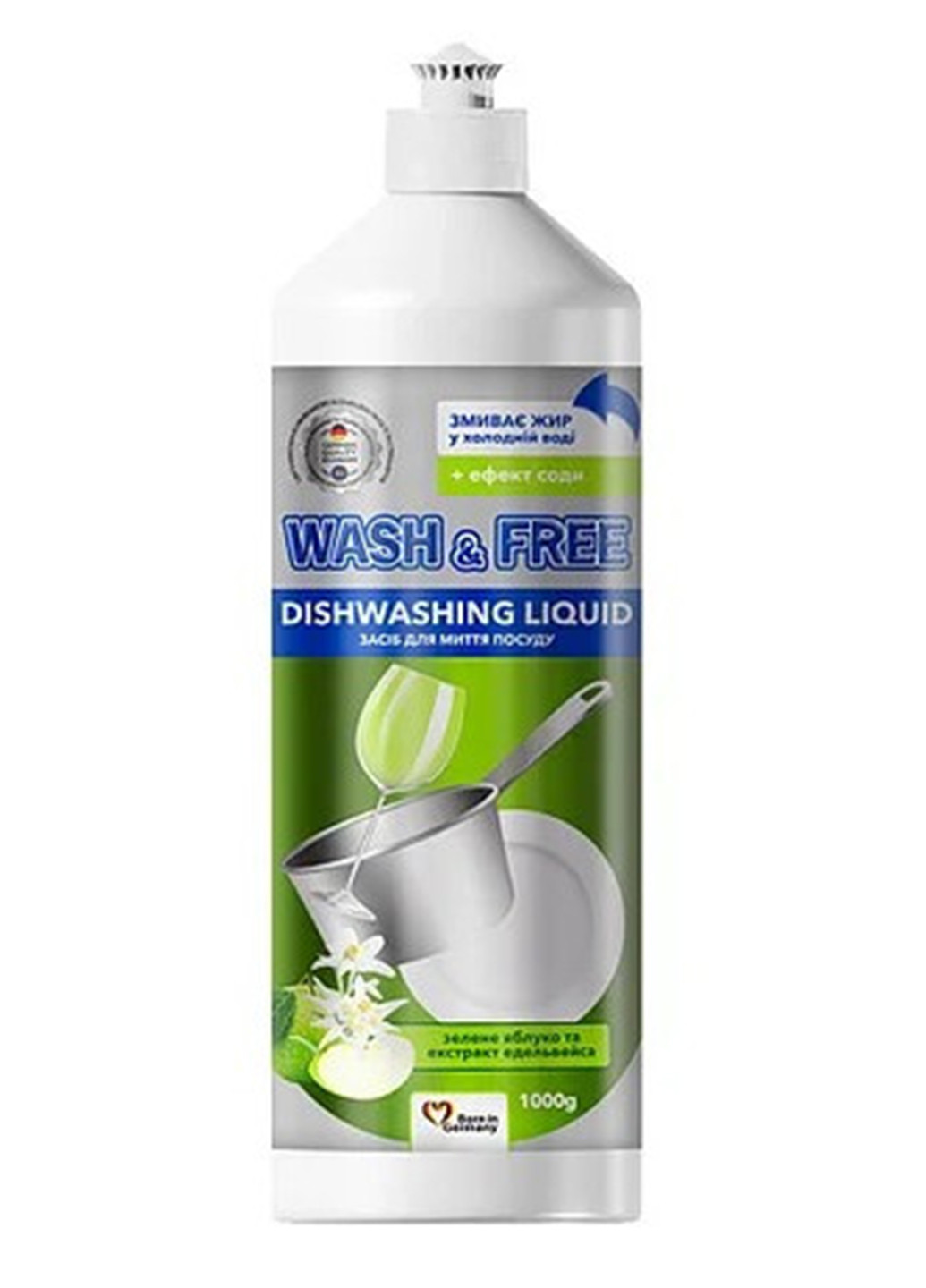 Средство для мытья посуды зеленое яблоко и экстракт эдельвейса 1000г WASH & FREE (254211761)