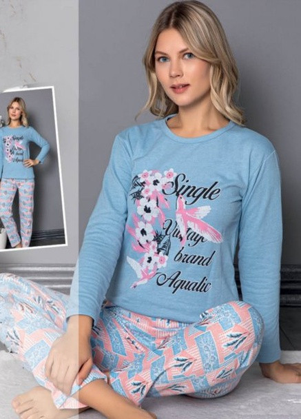 Голубой зимний пижама с начесом (лонгслив, брюки) Lila Pijama