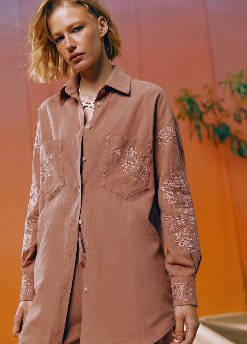 Коричнева вишиванка Gepur візерунок однотонний пряма бавовна, льон (329822099)