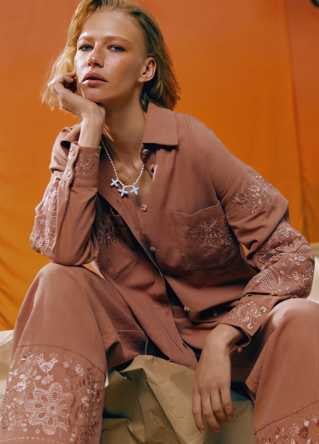 Коричнева вишиванка Gepur візерунок однотонний пряма бавовна, льон (329822099)