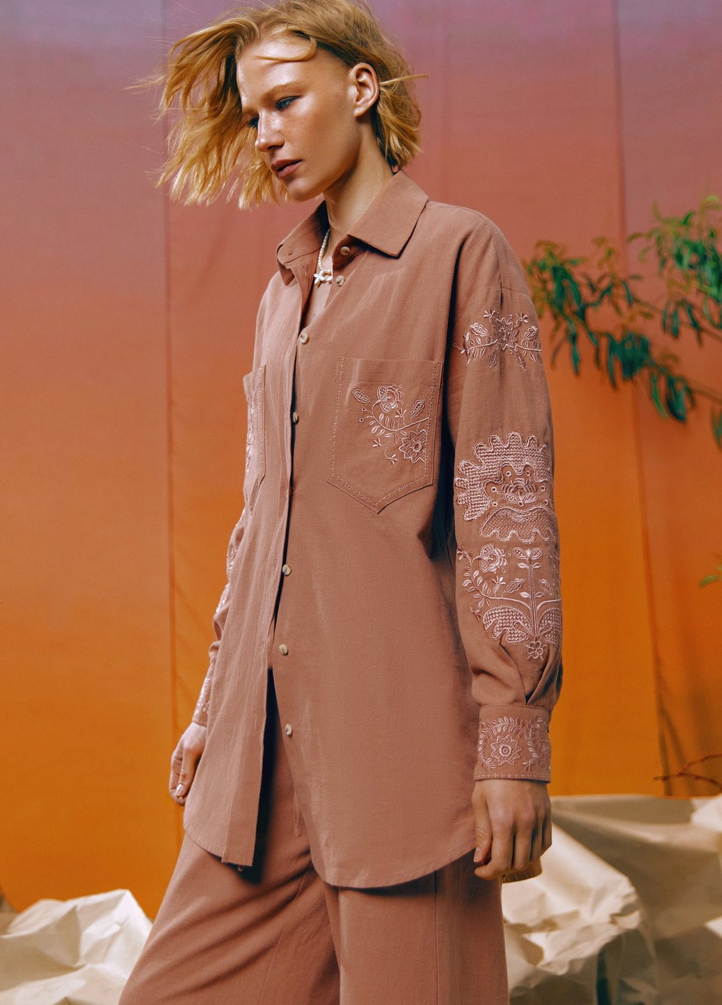 Коричнева вишиванка Gepur візерунок однотонний пряма бавовна, льон (329822099)