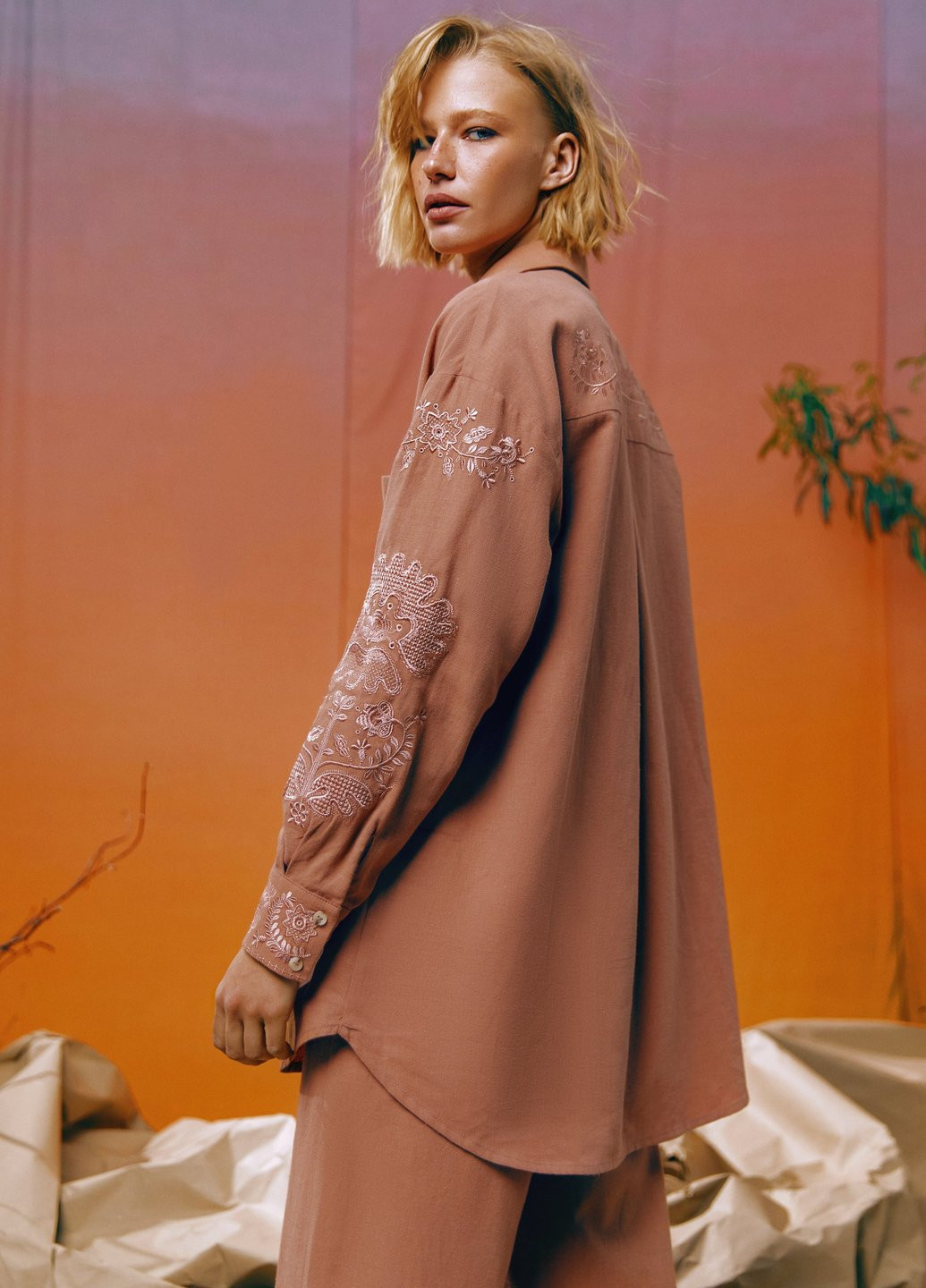 Коричнева вишиванка Gepur візерунок однотонний пряма бавовна, льон (329822099)