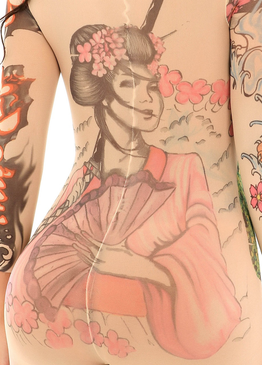 Еротичний комбінезон із панчішної тканини бодістокінг із тату принтом Japan Rone абстрактний бежевий відвертий