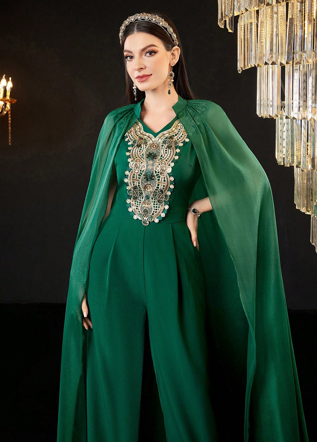 Комбинезон SHEIN комбинезон-брюки однотонный зелёный вечерний полиэстер