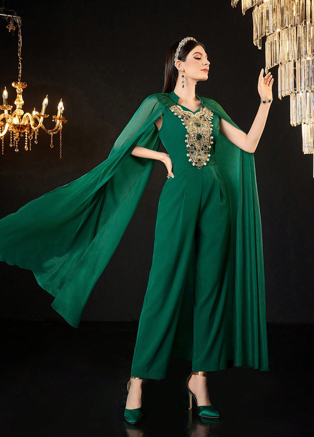 Комбинезон SHEIN комбинезон-брюки однотонный зелёный вечерний полиэстер