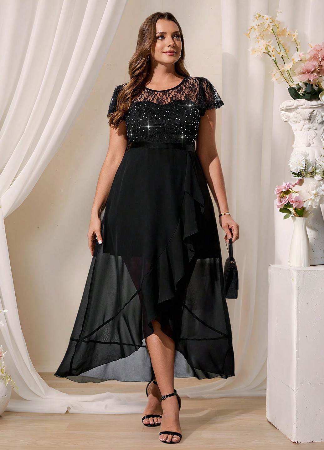 Чорна вечірня сукня на запах, кльош SHEIN однотонна