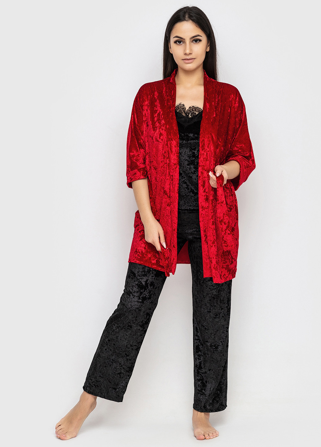 Червоний демісезонний комплект (майка, штани, халат) Ghazel