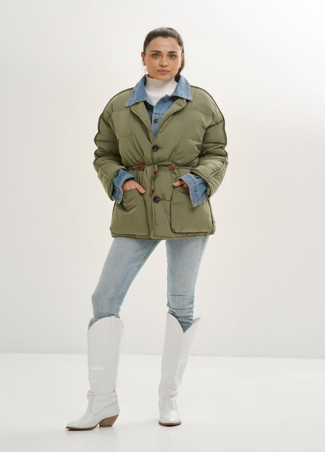 Оливкова (хакі) зимня пухова куртка, з вшитими вставками джинсу Actors