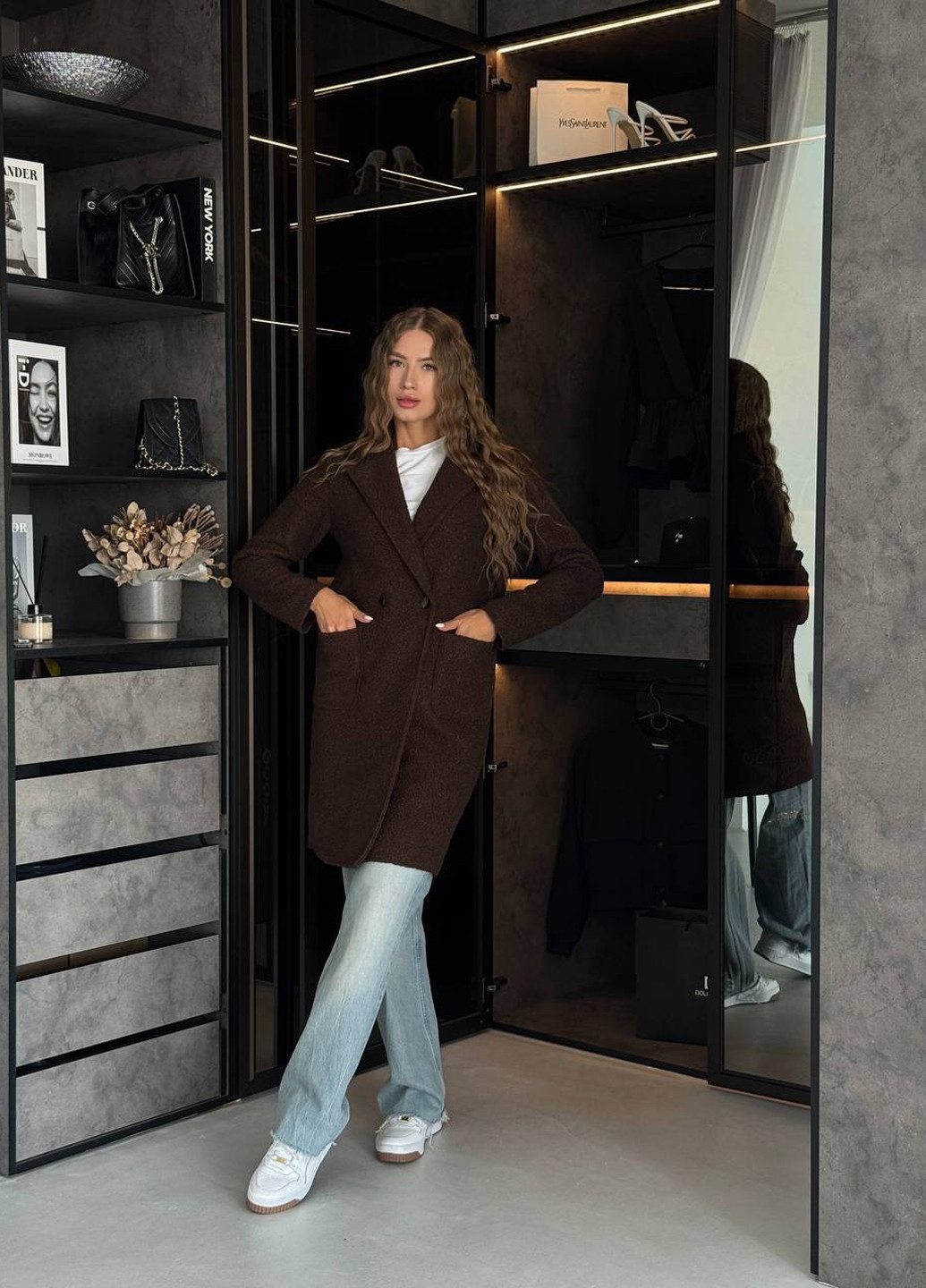 Коричневе демісезонне Пальто двобортне No Brand