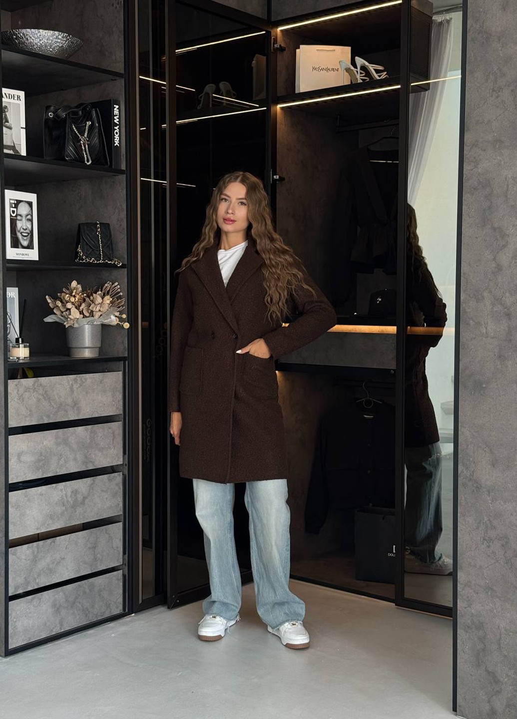 Коричневе демісезонне Пальто двобортне No Brand