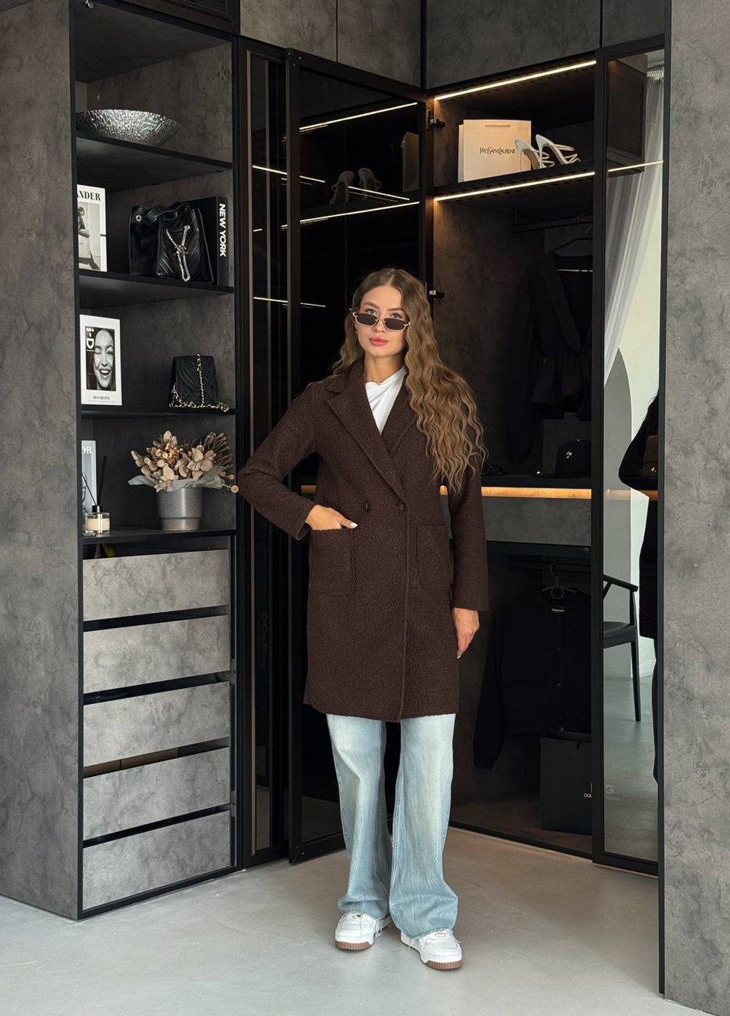 Коричневе демісезонне Пальто двобортне No Brand