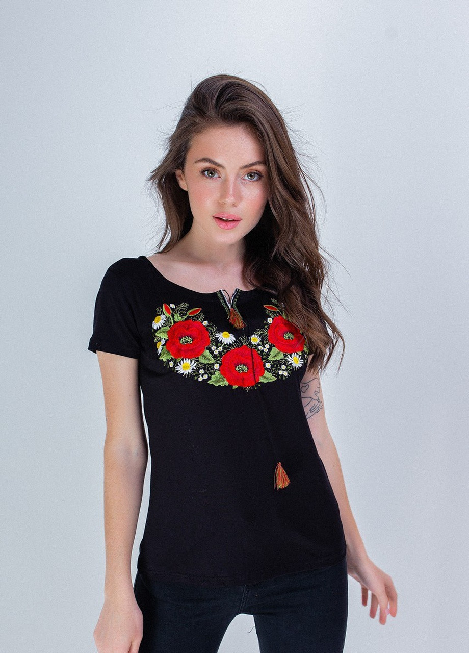 Женская вышитая футболка Маковый цвет черный Melanika (250206194)