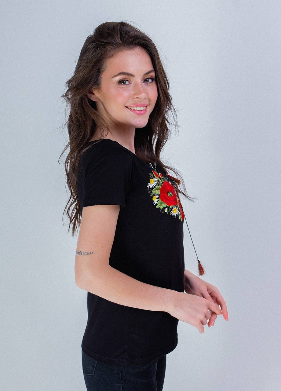 Женская вышитая футболка Маковый цвет черный Melanika (250206194)