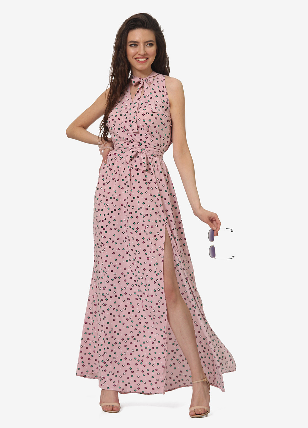 Светло-розовое кэжуал платье клеш, на запах Lila Kass в горошек