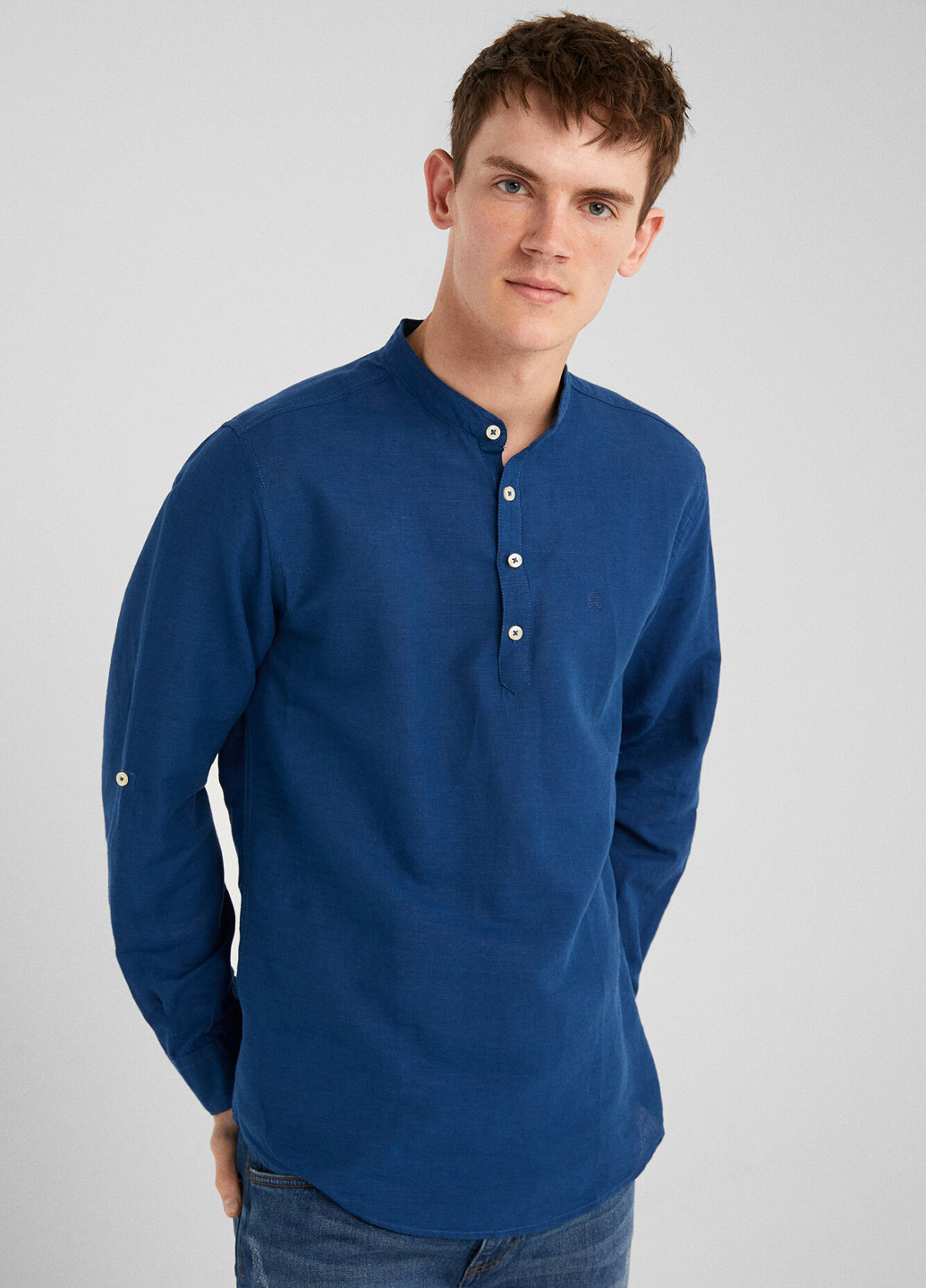 Синяя кэжуал рубашка однотонная Springfield с длинным рукавом