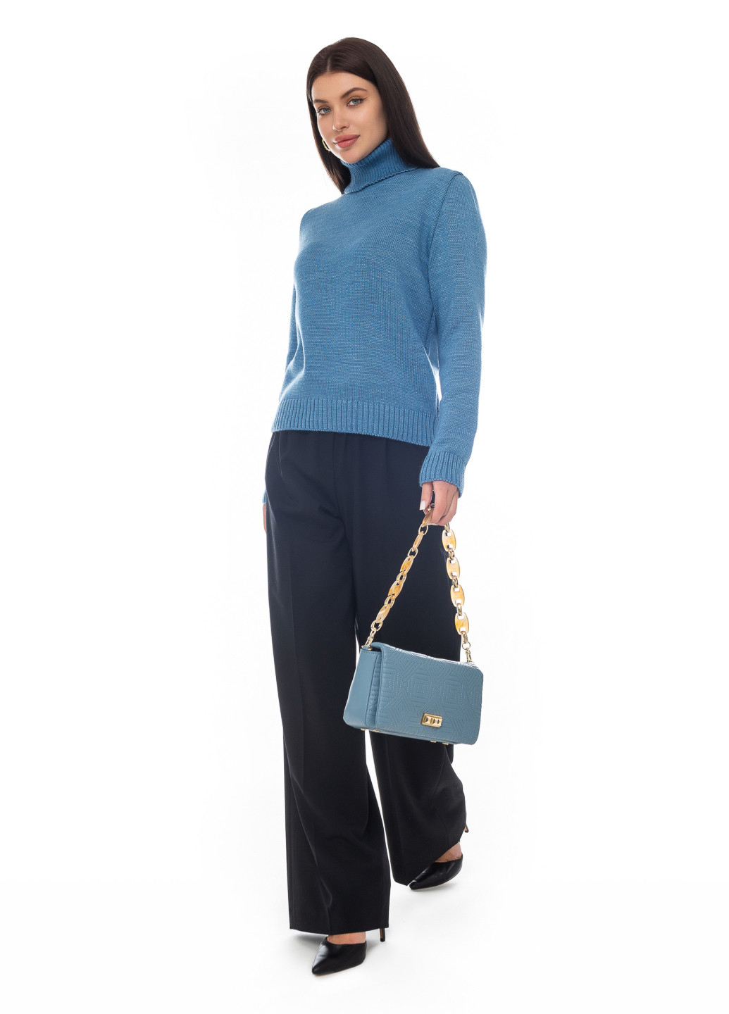 Серо-голубой зимний классический женский свитер SVTR