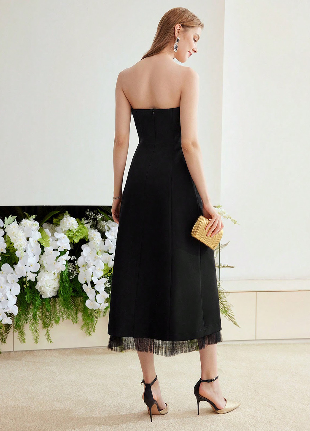 Чорна коктейльна, вечірня сукня з відкритими плечима SHEIN однотонна