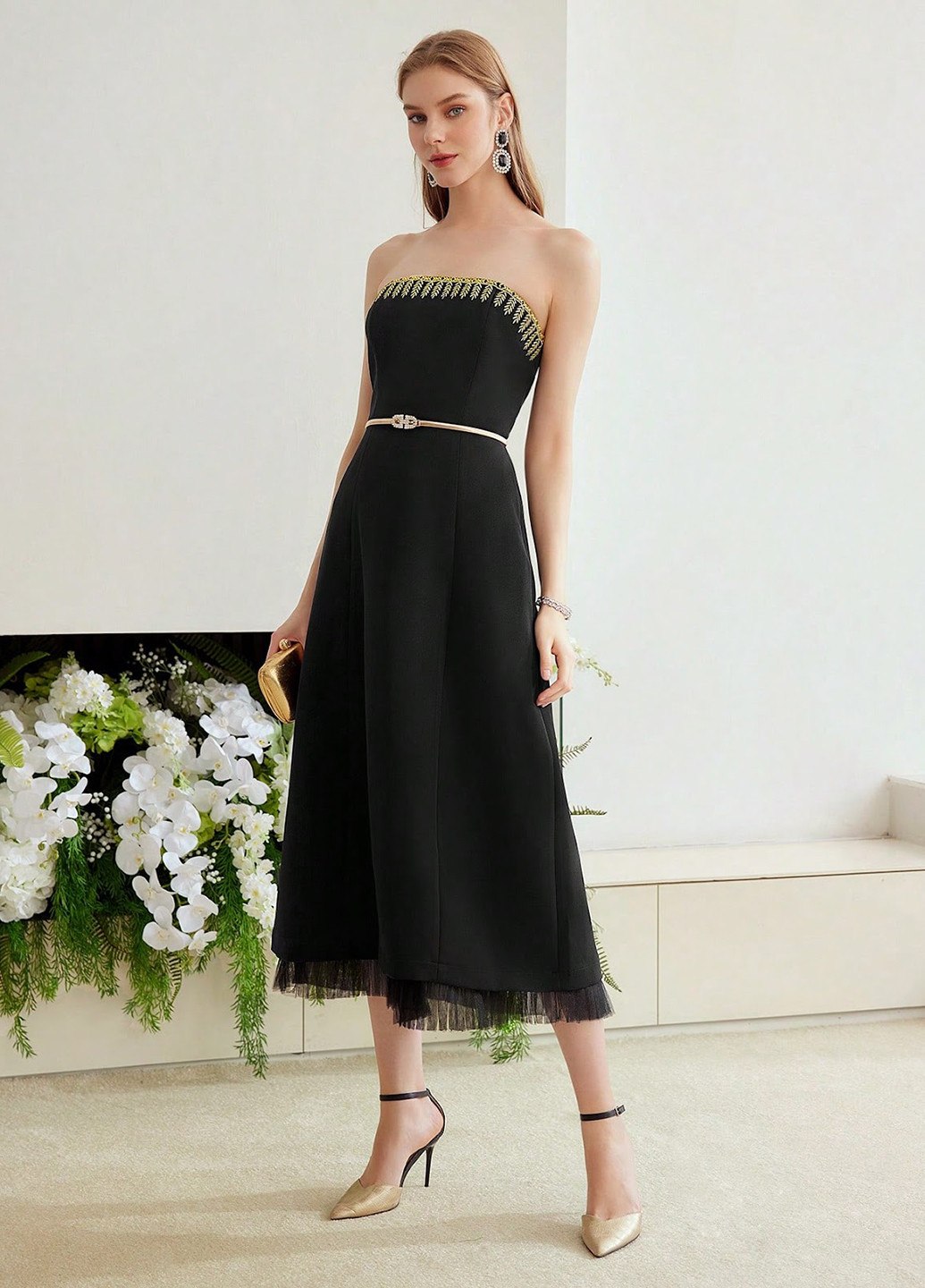 Чорна коктейльна, вечірня сукня з відкритими плечима SHEIN однотонна