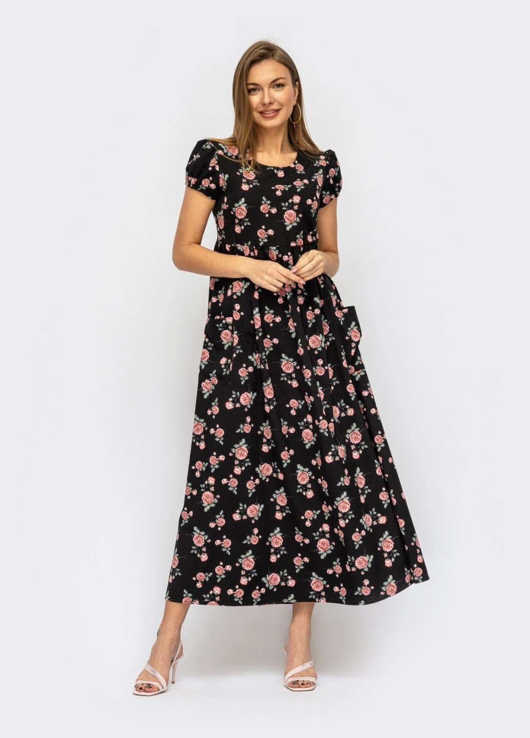 Чорна кежуал довге чорне плаття з коротким рукавом Dressa з квітковим принтом