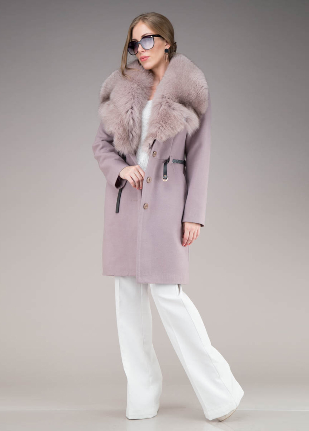 Бузкове демісезонне Пальто (хутро песця) однобортне Шикарные меха