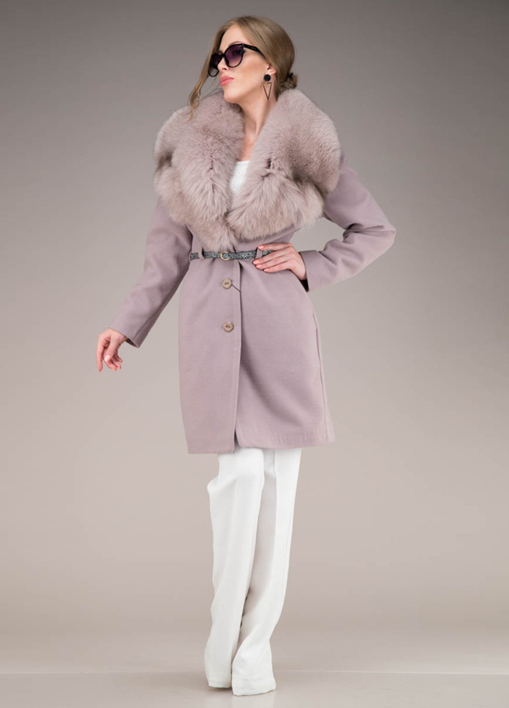 Бузкове демісезонне Пальто (хутро песця) однобортне Шикарные меха