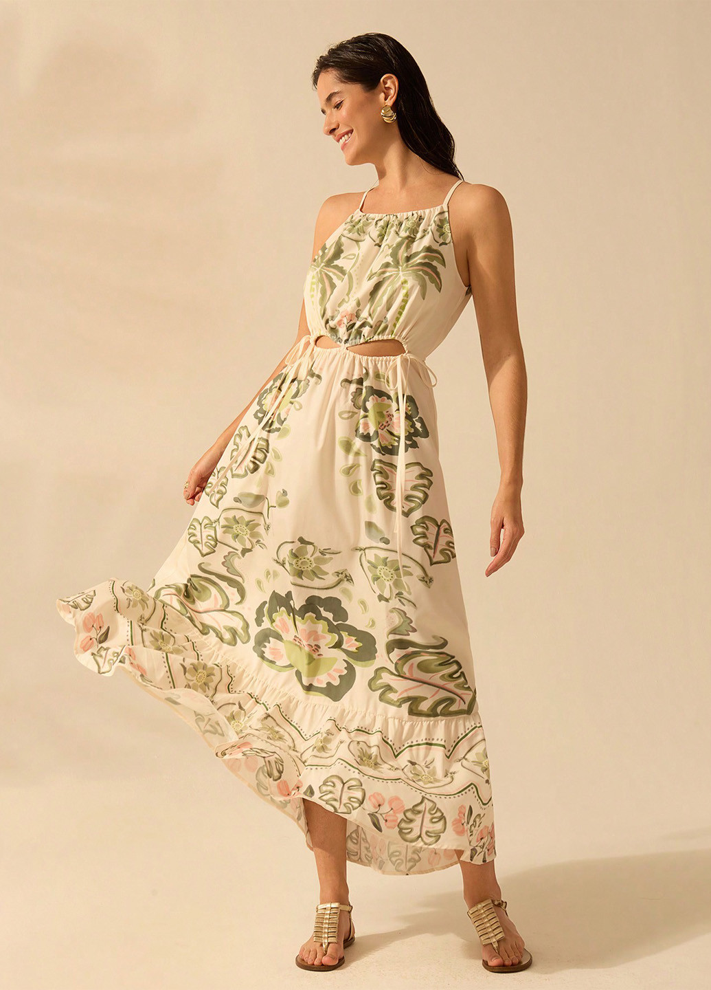 Светло-бежевое праздничный, пляжное, кэжуал платье а-силуэт SHEIN с рисунком