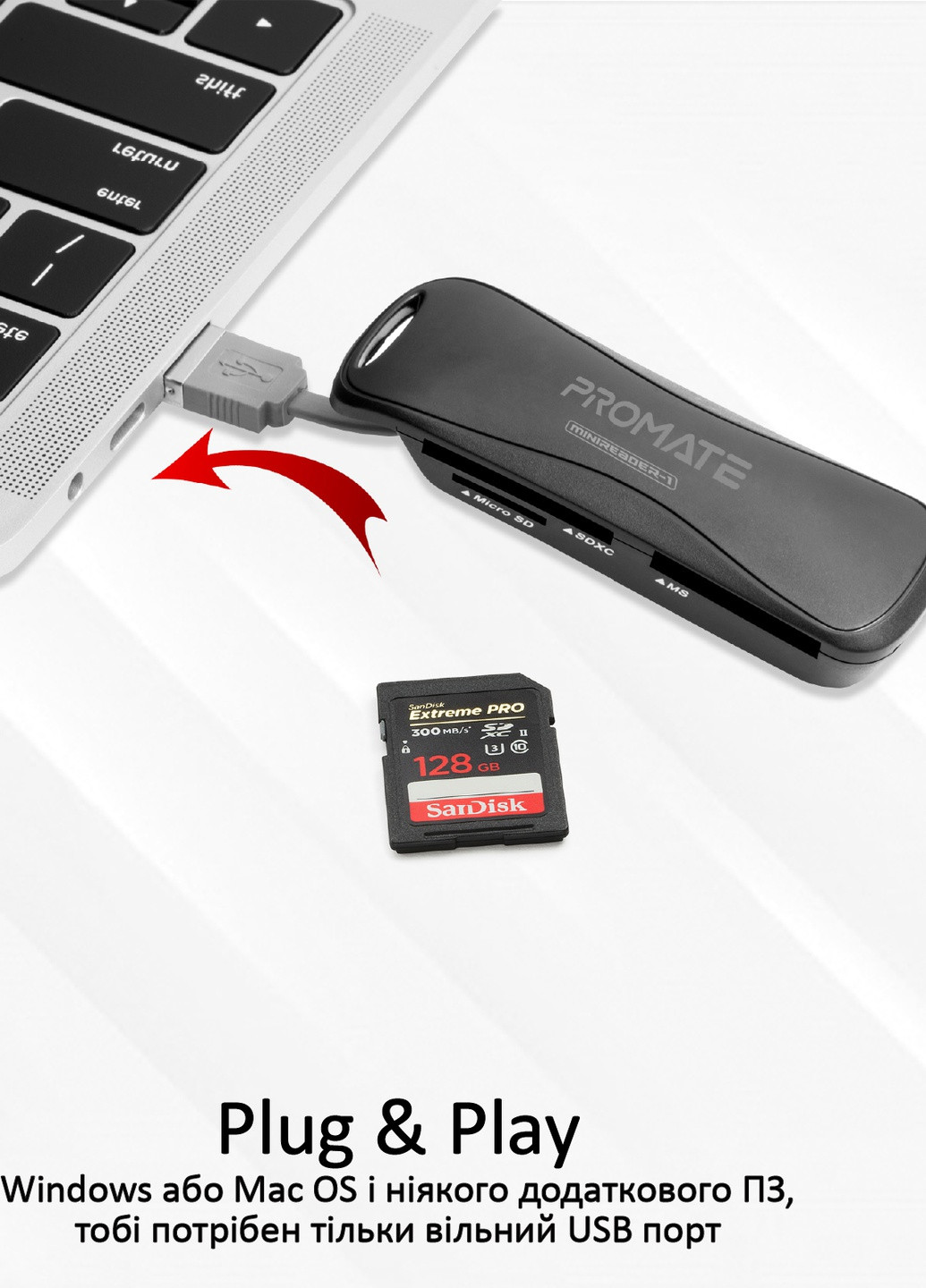 Кардридер MiniReader-1 SD/MicroSD/MS/M2 Promate minireader-1.black (215118285)