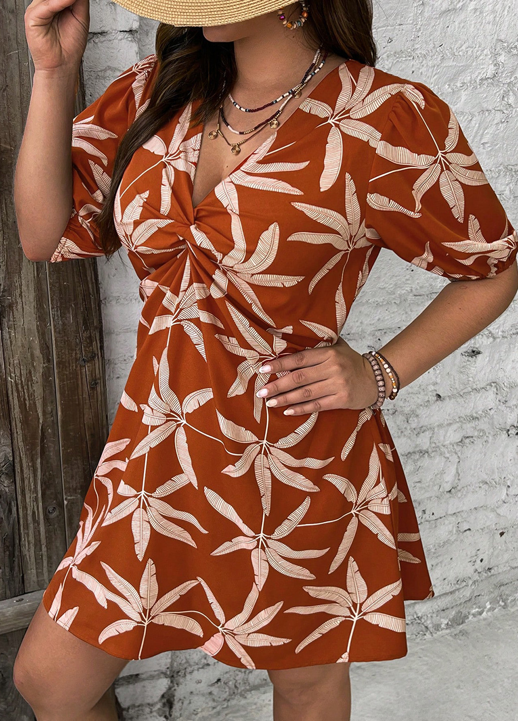 Теракотова кежуал сукня кльош, в стилі армпір SHEIN з квітковим принтом