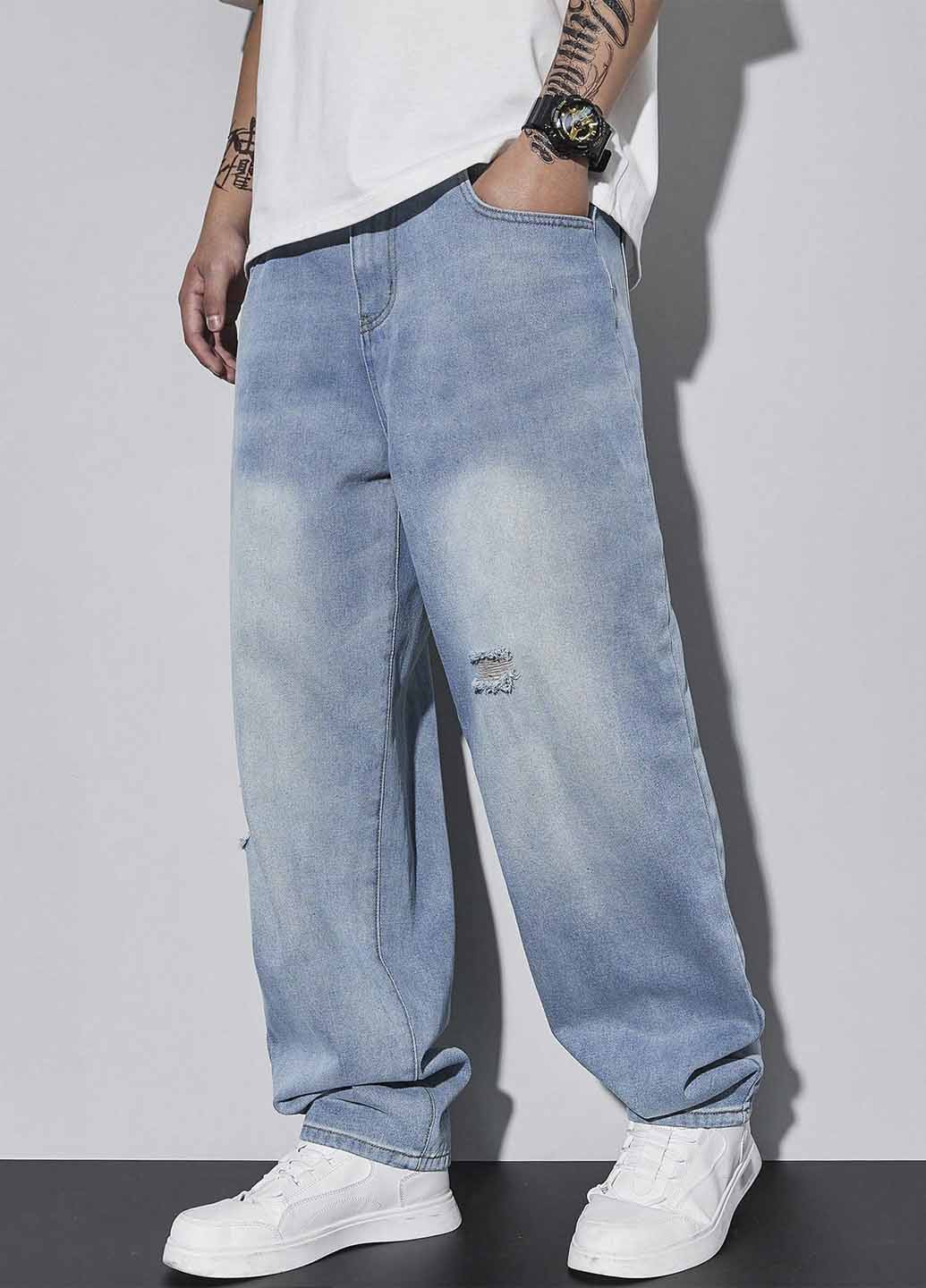 Голубые демисезонные мешковатые, свободные, прямые джинсы SHEIN