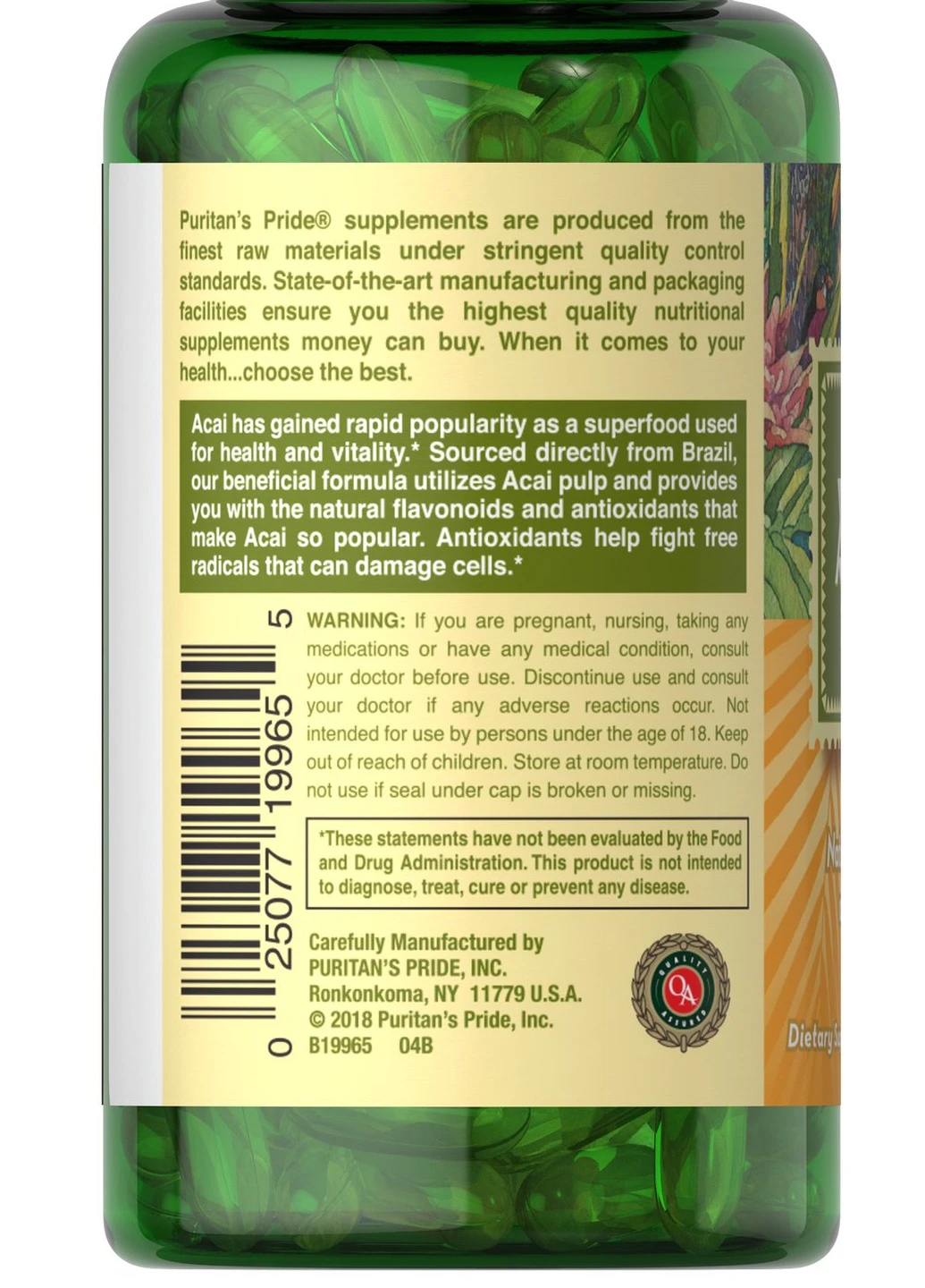 Экстракт ягод Асаи Puritan's Pride Acai (1000 mg) 60 Softgels Puritans Pride (254968700)