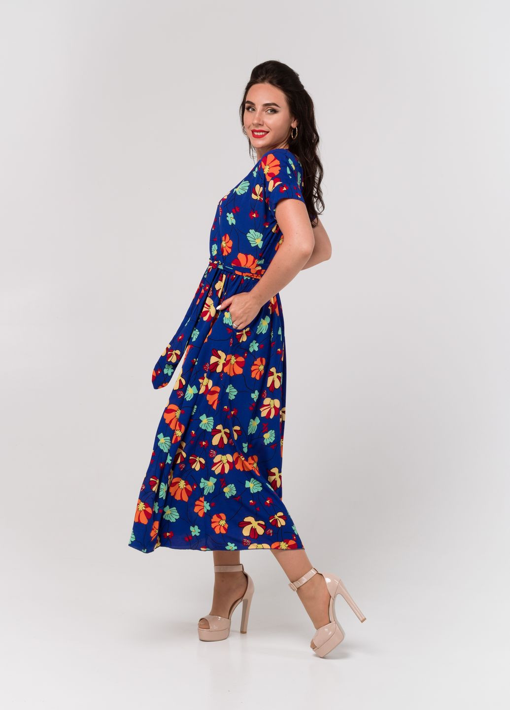 Темно-синее кэжуал платье so-78218-elb с юбкой-солнце Alpama с цветочным принтом