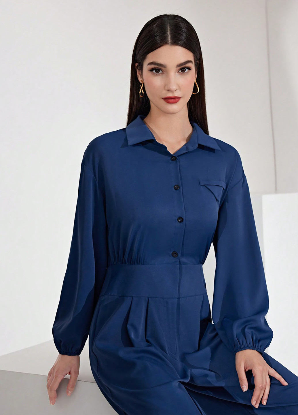 Комбинезон SHEIN однотонный синий деловой полиэстер