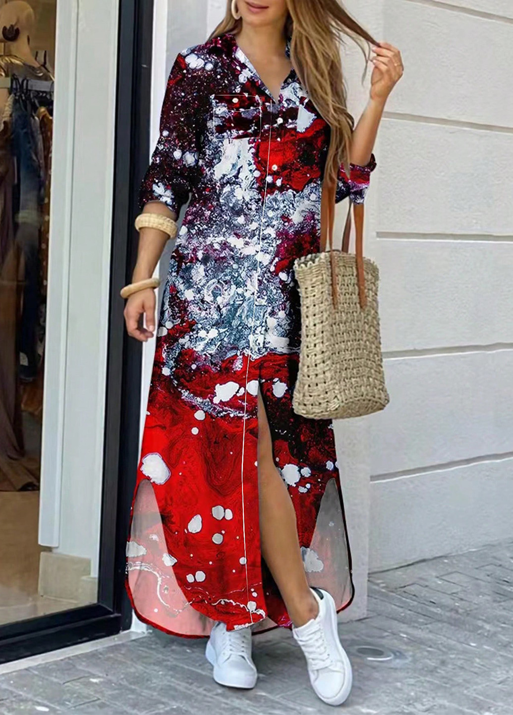 Красное праздничный, кэжуал платье а-силуэт, рубашка SHEIN с абстрактным узором