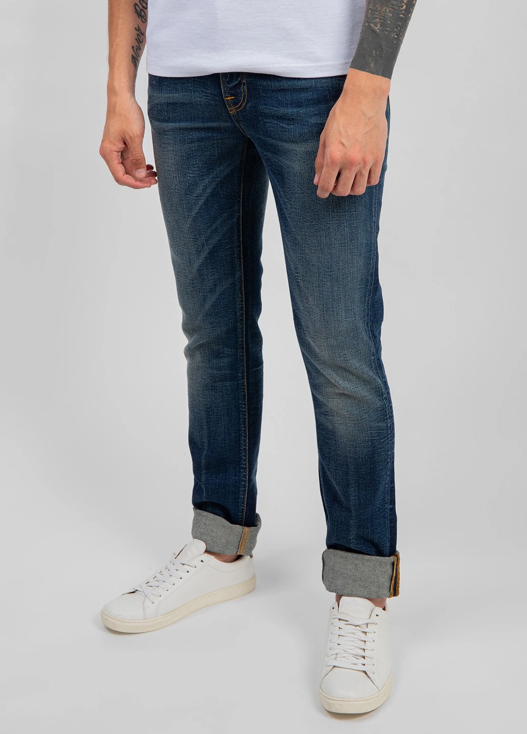 Темно-синие демисезонные темно-синие джинсы с потертостями Nudie Jeans