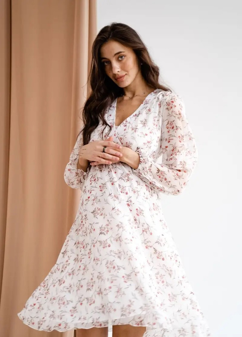 Светло-бежевое кэжуал шифоновое платье для беременных и кормящих мам салатовое цветочное To Be с цветочным принтом