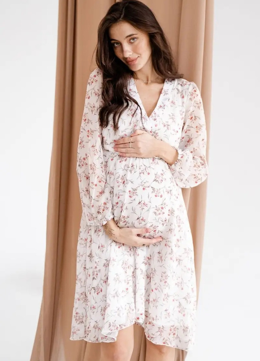 Светло-бежевое кэжуал шифоновое платье для беременных и кормящих мам салатовое цветочное To Be с цветочным принтом