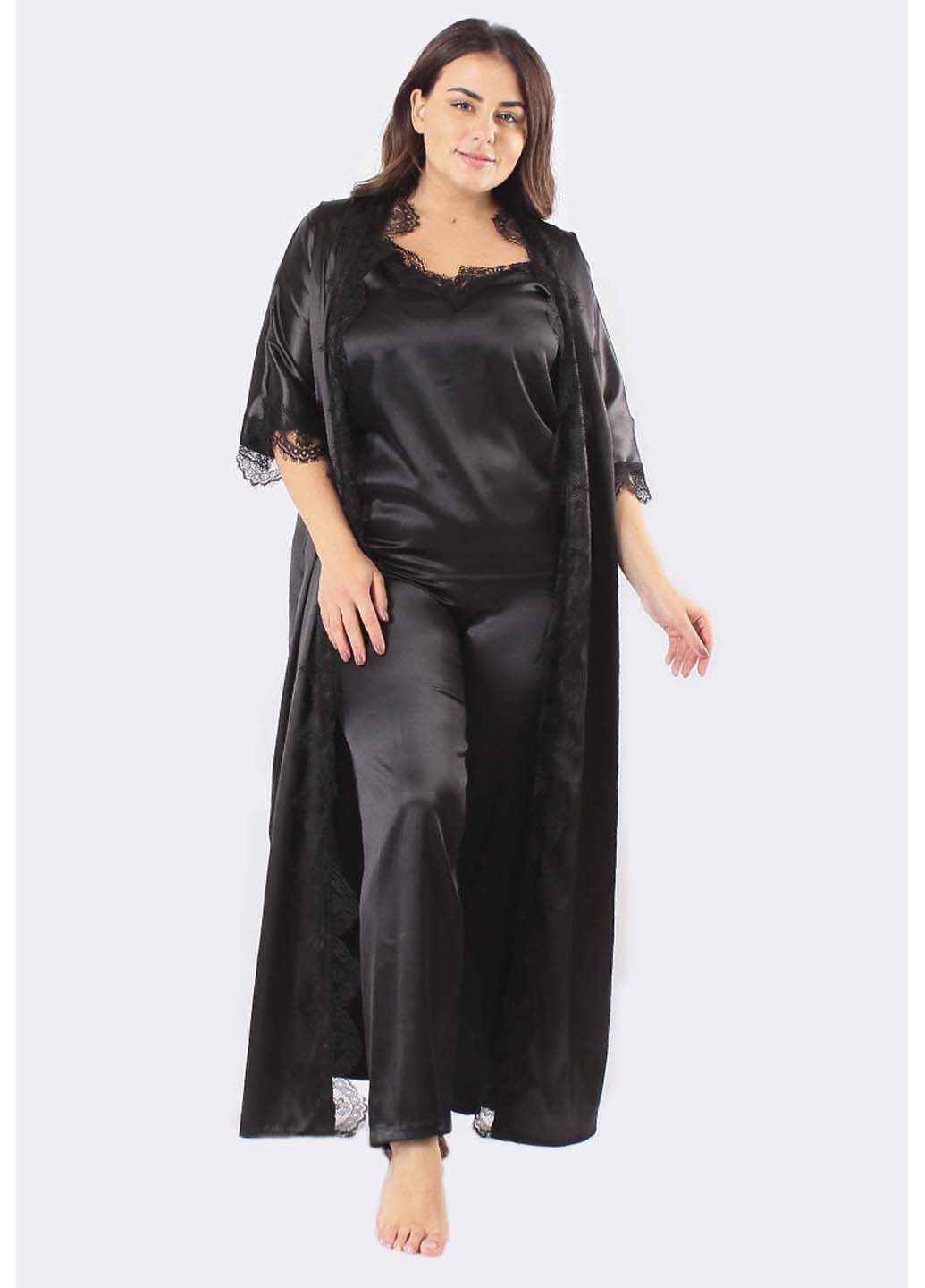 Чорний демісезонний комплект халат + штани + майка Ghazel