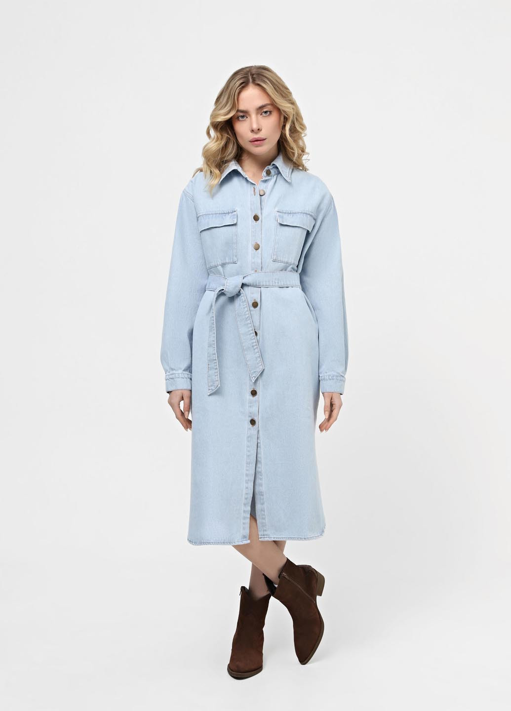 Светло-голубое джинсовое, кэжуал платье рубашка Braska однотонное