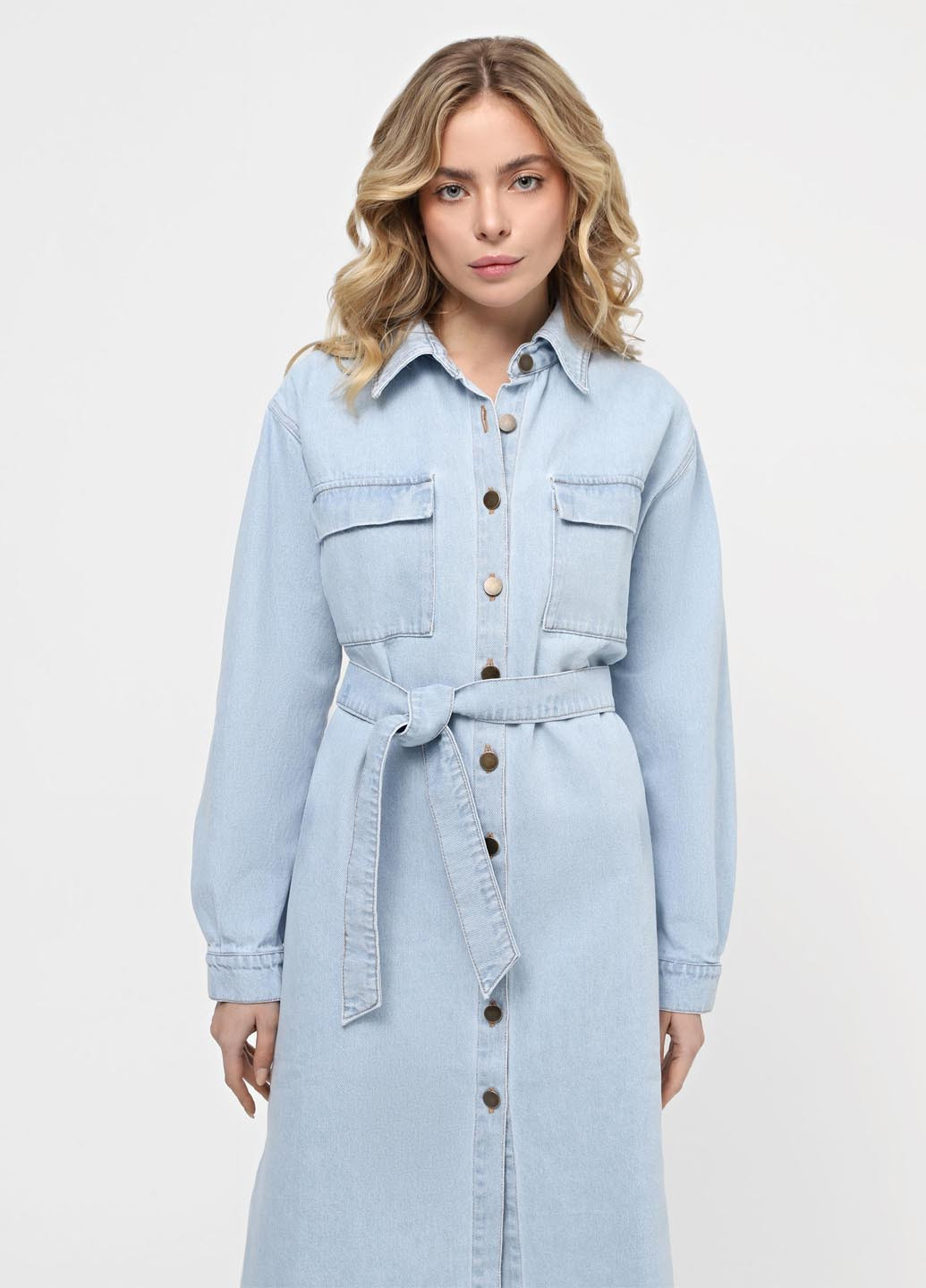 Светло-голубое джинсовое, кэжуал платье рубашка Braska однотонное