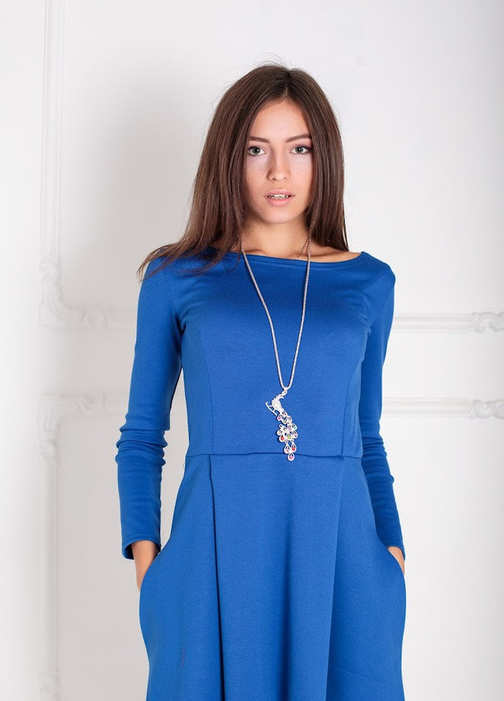 Синее кэжуал удобное и стильное асимметричное платье с карманами alay Podium однотонное